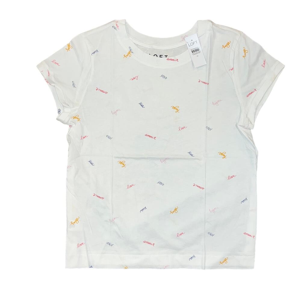 NWT LOFT Women's White W/"Love, Hugs, Kiss" Graphics Crew Tee